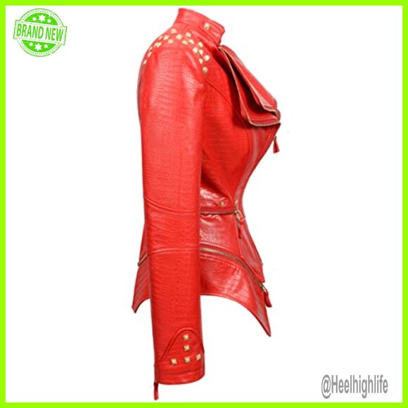 Women's Faux Leather Moto Jacket with Studded Details, Long Sleeve - Picture 3 of 5